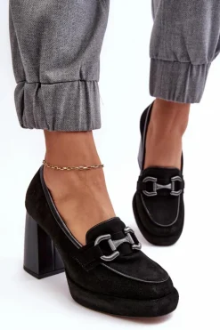 Outlet Skórzane Czółenka Na Masywnym Słupku 2706 Czarne Damskie Czółenka Na Platformie|Czółenka Na Słupku