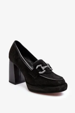 Outlet Skórzane Czółenka Na Masywnym Słupku 2706 Czarne Damskie Czółenka Na Platformie|Czółenka Na Słupku