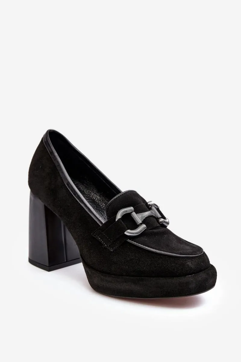 Outlet Skórzane Czółenka Na Masywnym Słupku 2706 Czarne Damskie Czółenka Na Platformie|Czółenka Na Słupku