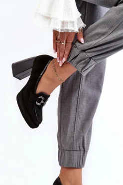 Outlet Skórzane Czółenka Na Masywnym Słupku 2706 Czarne Damskie Czółenka Na Platformie|Czółenka Na Słupku