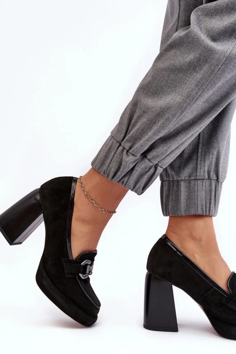 Outlet Skórzane Czółenka Na Masywnym Słupku 2706 Czarne Damskie Czółenka Na Platformie|Czółenka Na Słupku