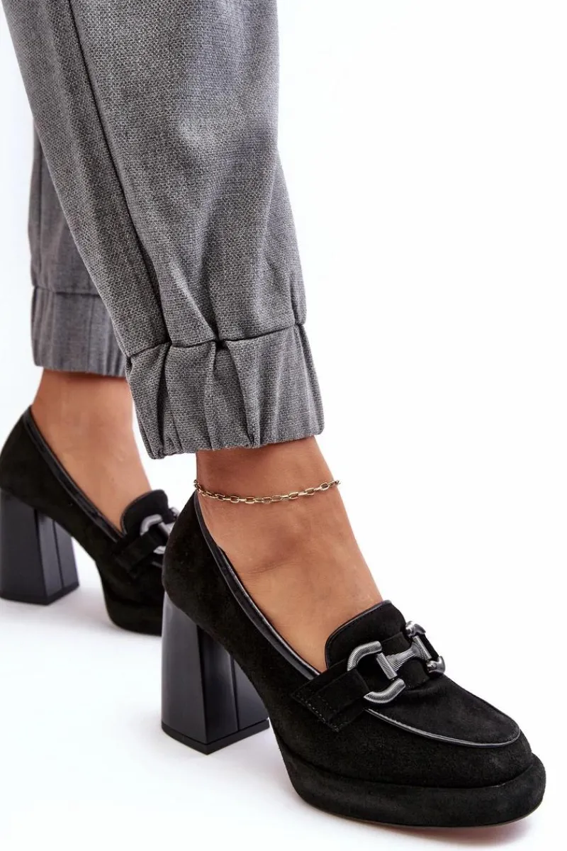 Outlet Skórzane Czółenka Na Masywnym Słupku 2706 Czarne Damskie Czółenka Na Platformie|Czółenka Na Słupku