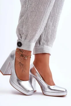 Outlet Boto Skórzane Czółenka Na Masywnym Obcasie Srebrne Rosalia