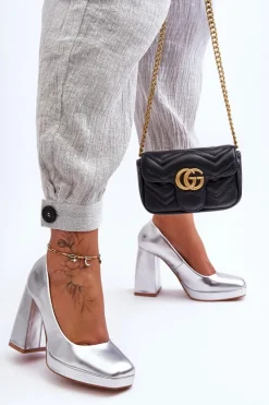 Outlet Boto Skórzane Czółenka Na Masywnym Obcasie Srebrne Rosalia