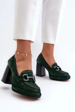 Sale Skórzane Czółenka Na Masywnym Słupku 2706 Ciemnozielone Damskie Czółenka Na Platformie|Czółenka Na Słupku