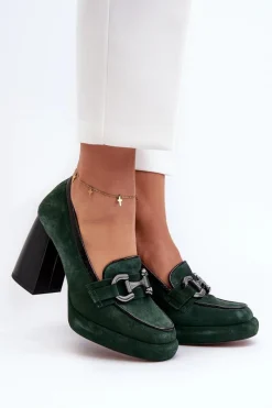 Sale Skórzane Czółenka Na Masywnym Słupku 2706 Ciemnozielone Damskie Czółenka Na Platformie|Czółenka Na Słupku