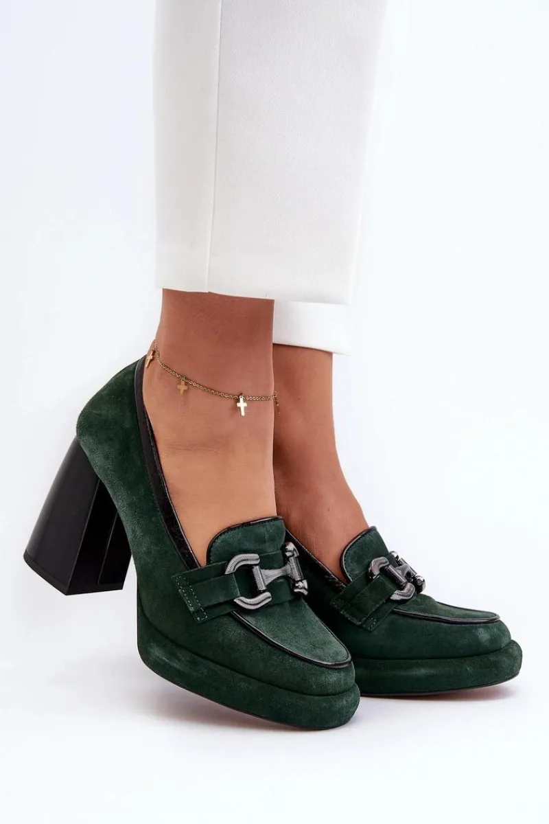 Sale Skórzane Czółenka Na Masywnym Słupku 2706 Ciemnozielone Damskie Czółenka Na Platformie|Czółenka Na Słupku