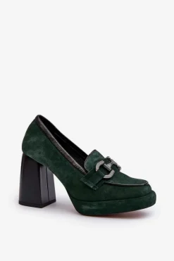 Sale Skórzane Czółenka Na Masywnym Słupku 2706 Ciemnozielone Damskie Czółenka Na Platformie|Czółenka Na Słupku