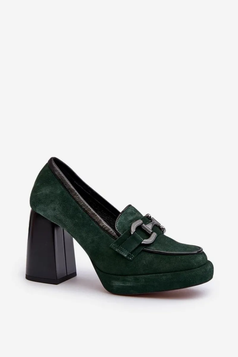 Sale Skórzane Czółenka Na Masywnym Słupku 2706 Ciemnozielone Damskie Czółenka Na Platformie|Czółenka Na Słupku