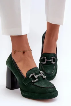 Sale Skórzane Czółenka Na Masywnym Słupku 2706 Ciemnozielone Damskie Czółenka Na Platformie|Czółenka Na Słupku