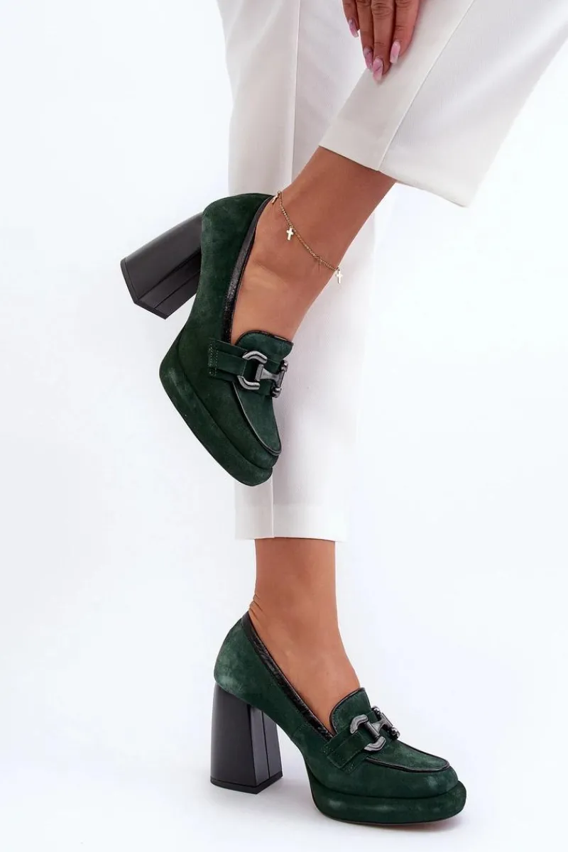 Sale Skórzane Czółenka Na Masywnym Słupku 2706 Ciemnozielone Damskie Czółenka Na Platformie|Czółenka Na Słupku