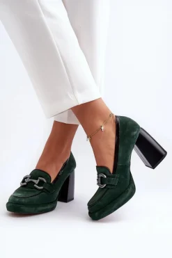 Sale Skórzane Czółenka Na Masywnym Słupku 2706 Ciemnozielone Damskie Czółenka Na Platformie|Czółenka Na Słupku
