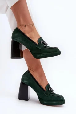 Sale Skórzane Czółenka Na Masywnym Słupku 2706 Ciemnozielone Damskie Czółenka Na Platformie|Czółenka Na Słupku