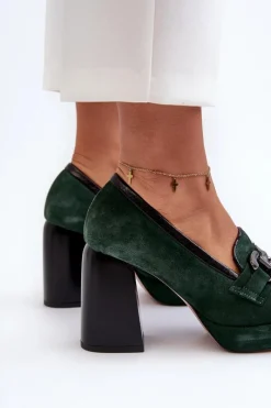 Sale Skórzane Czółenka Na Masywnym Słupku 2706 Ciemnozielone Damskie Czółenka Na Platformie|Czółenka Na Słupku