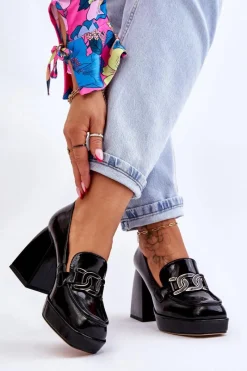 Outlet Damskie buty S.Barski Skórzane Czółenka Na Masywnym Obcasie Czarne Maximo