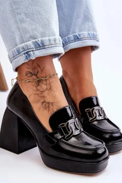 Outlet Damskie buty S.Barski Skórzane Czółenka Na Masywnym Obcasie Czarne Maximo