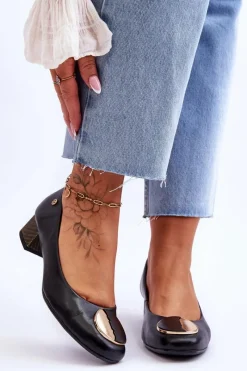 New Maciejka Skórzane Czółenka Na Niskim Obcasie 05960-01 Czarne