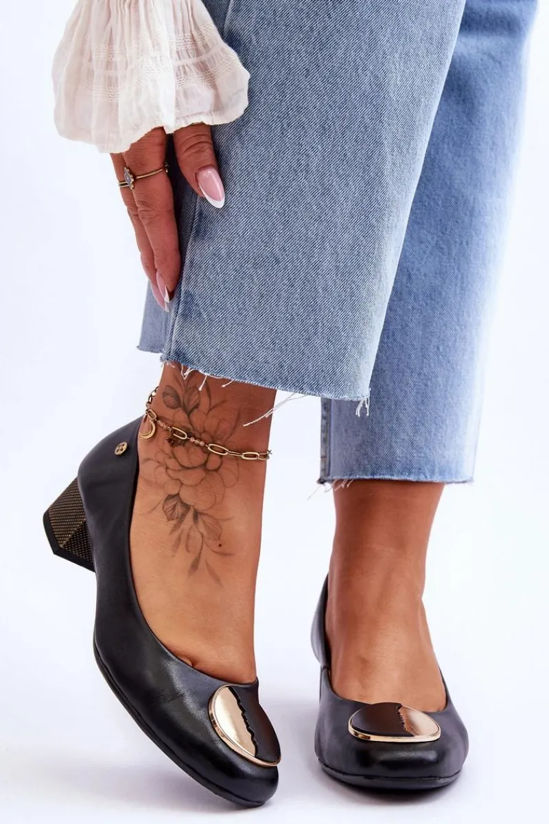 New Maciejka Skórzane Czółenka Na Niskim Obcasie 05960-01 Czarne