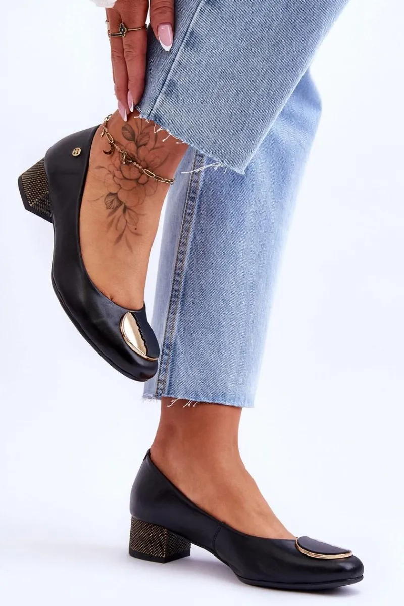 New Maciejka Skórzane Czółenka Na Niskim Obcasie 05960-01 Czarne