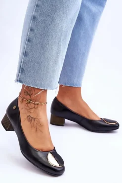 New Maciejka Skórzane Czółenka Na Niskim Obcasie 05960-01 Czarne