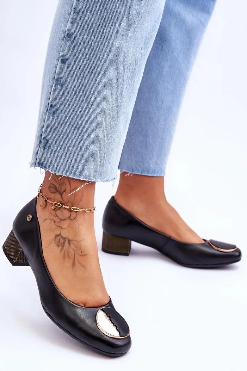 New Maciejka Skórzane Czółenka Na Niskim Obcasie 05960-01 Czarne