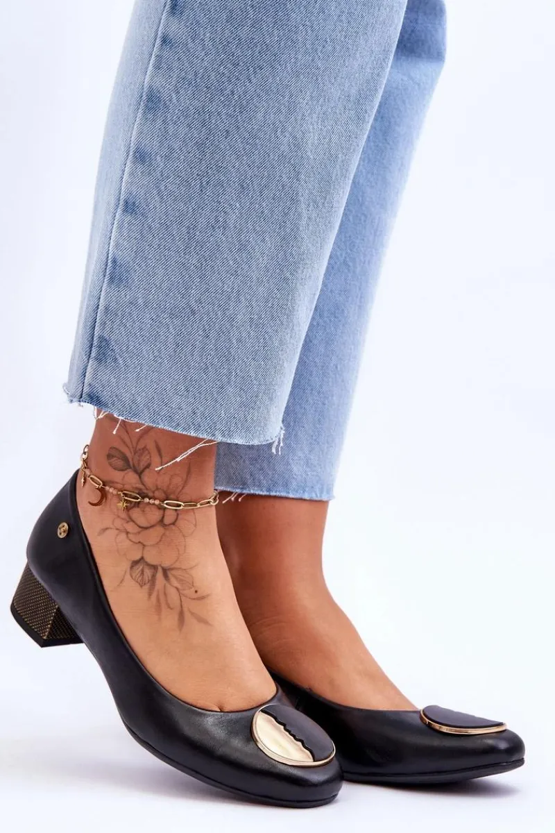 New Maciejka Skórzane Czółenka Na Niskim Obcasie 05960-01 Czarne