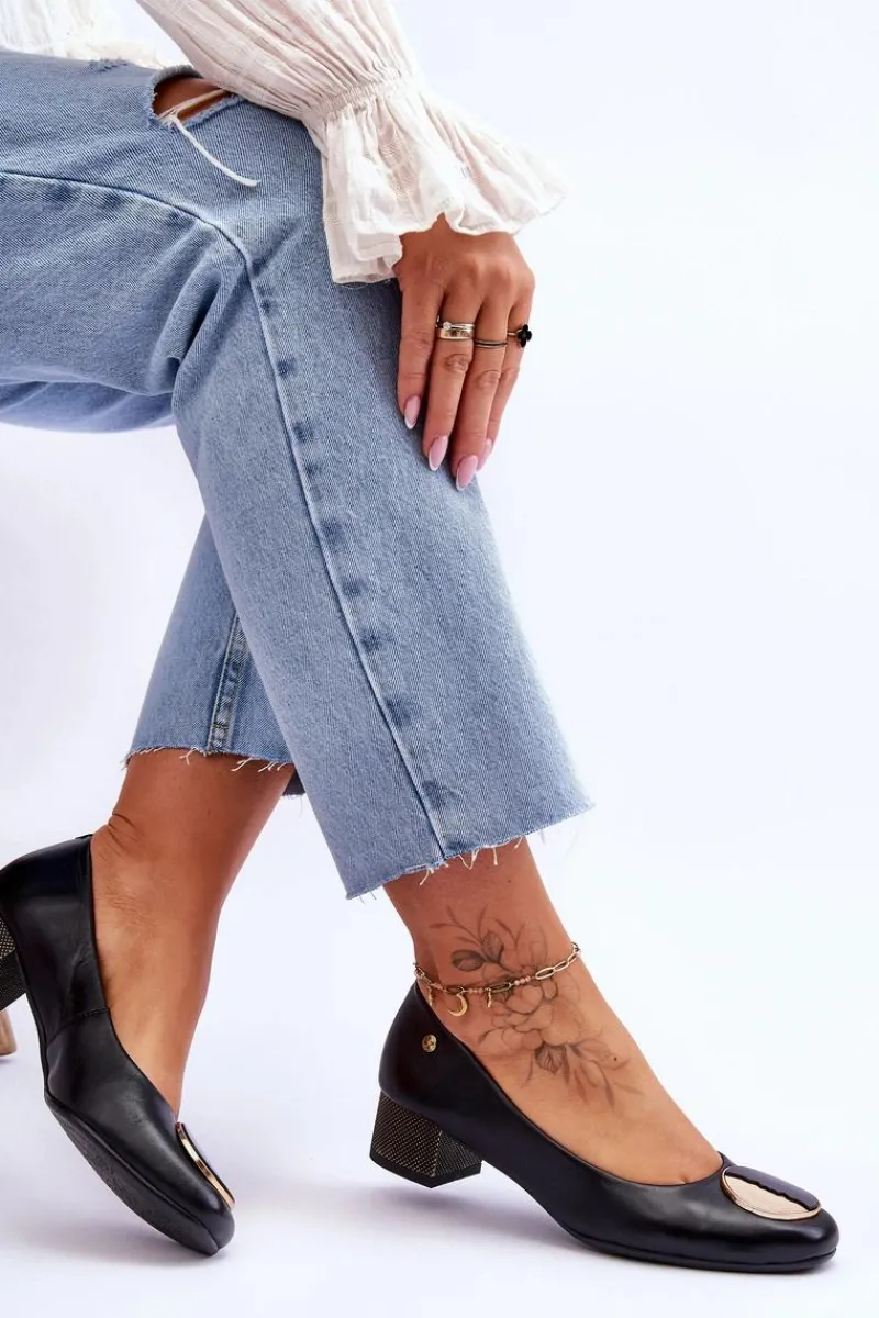 New Maciejka Skórzane Czółenka Na Niskim Obcasie 05960-01 Czarne