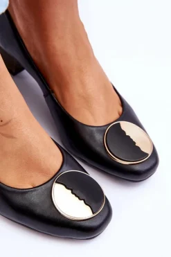 New Maciejka Skórzane Czółenka Na Niskim Obcasie 05960-01 Czarne