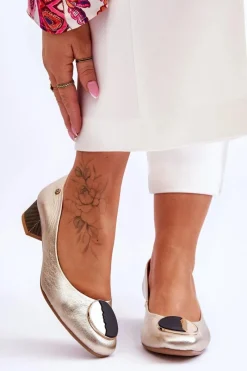 Czółenka Na Słupku|Czółenka Klasyczne>Maciejka Skórzane Czółenka Na Niskim Obcasie 05960-25 Złote