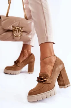 Sale Skórzane Czółenka Na Platformie I Słupku Lewski Shoes 3197 Beżowe Damskie Czółenka Na Platformie|Czółenka Na Słupku