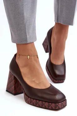 Sale Skórzane Czółenka Na Słupku 259/236-820 Brązowe Damskie Czółenka Na Platformie|Czółenka Na Słupku