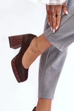 Sale Skórzane Czółenka Na Słupku 259/236-820 Brązowe Damskie Czółenka Na Platformie|Czółenka Na Słupku