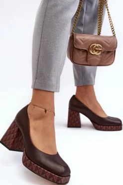 Sale Skórzane Czółenka Na Słupku 259/236-820 Brązowe Damskie Czółenka Na Platformie|Czółenka Na Słupku