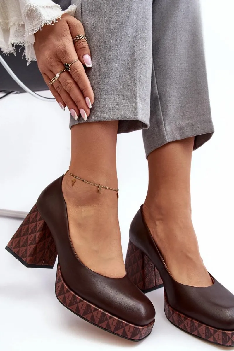 Sale Skórzane Czółenka Na Słupku 259/236-820 Brązowe Damskie Czółenka Na Platformie|Czółenka Na Słupku