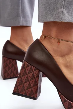 Sale Skórzane Czółenka Na Słupku 259/236-820 Brązowe Damskie Czółenka Na Platformie|Czółenka Na Słupku