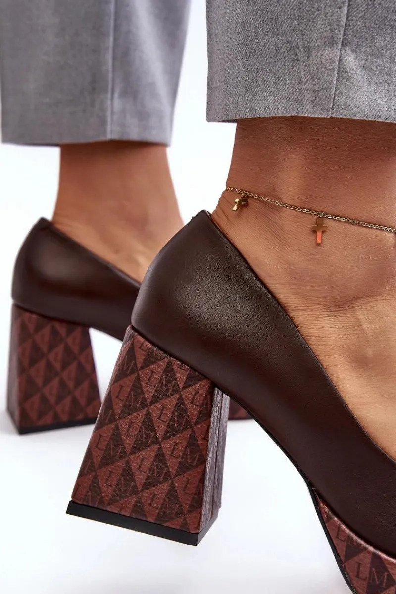 Sale Skórzane Czółenka Na Słupku 259/236-820 Brązowe Damskie Czółenka Na Platformie|Czółenka Na Słupku