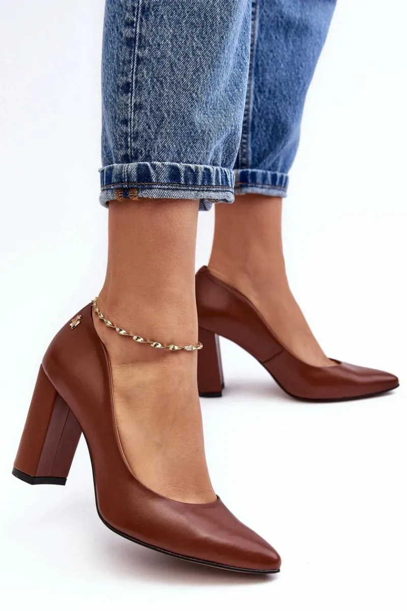 Sale Laura Messi Skórzane Czółenka Na Słupku 2624/237 Brązowe