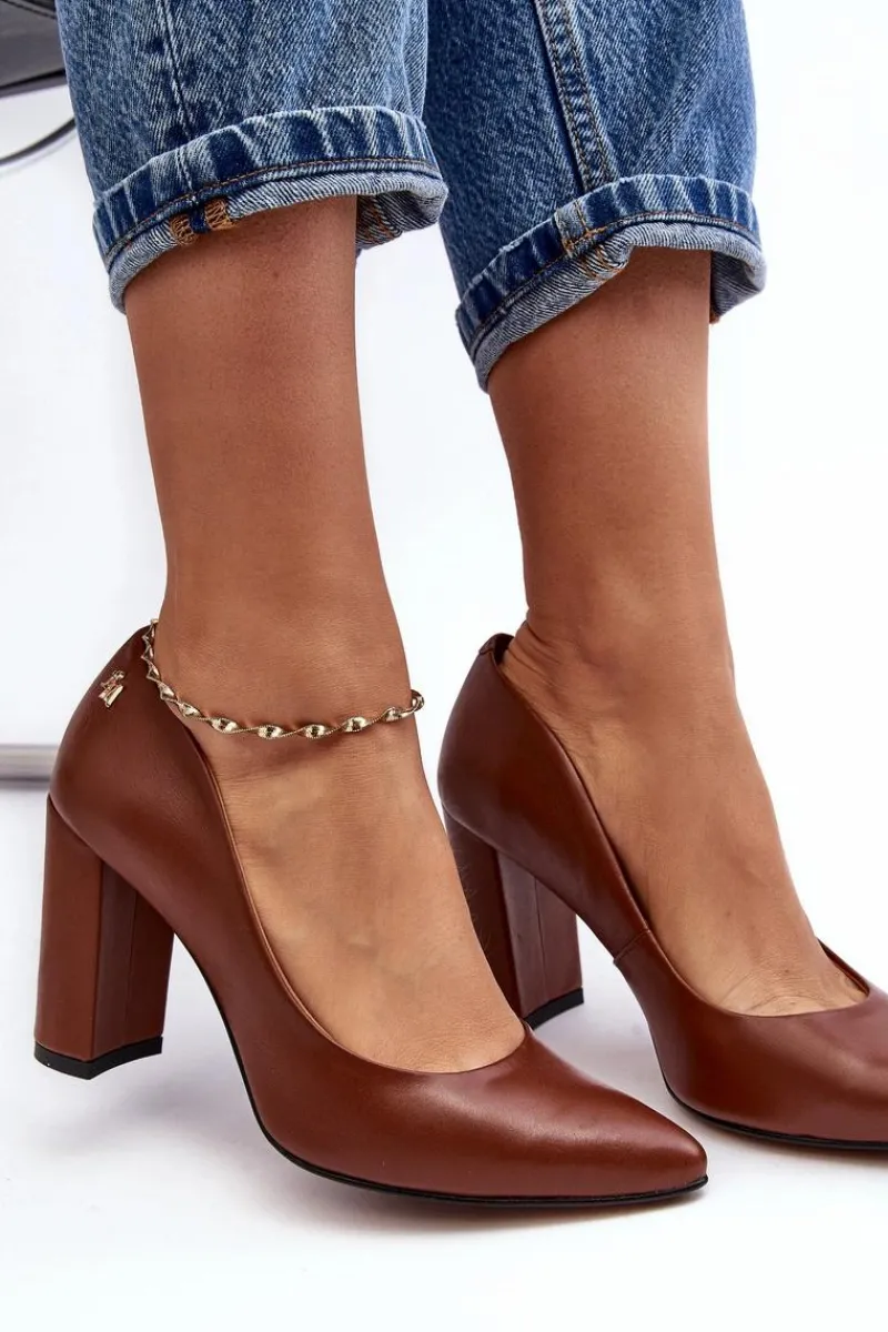 Sale Laura Messi Skórzane Czółenka Na Słupku 2624/237 Brązowe