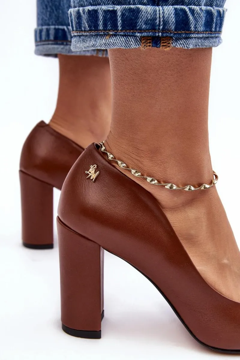 Sale Laura Messi Skórzane Czółenka Na Słupku 2624/237 Brązowe