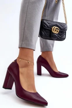 Czółenka Na Słupku|Czółenka Klasyczne>Laura Messi Skórzane Czółenka Na Słupku 2624/228 Bordowe