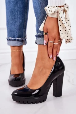 Outlet Maciejka Skórzane Czółenka Na Słupku 02629-05 Lakierowane Czarne