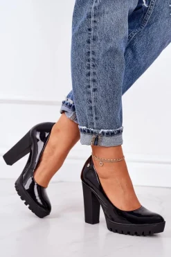 Outlet Maciejka Skórzane Czółenka Na Słupku 02629-05 Lakierowane Czarne