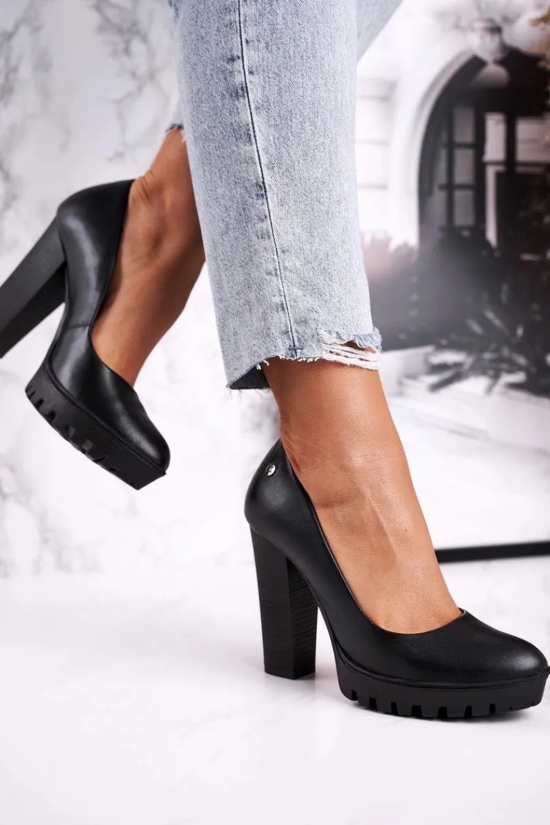 Discount Maciejka Skórzane Czółenka Na Słupku 02629-01 Czarne Czarny