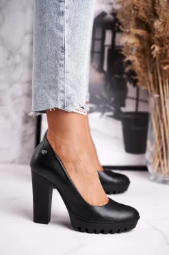 Discount Maciejka Skórzane Czółenka Na Słupku 02629-01 Czarne Czarny