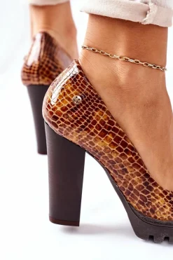 Online Skórzane Czółenka Na Słupku 02629-50 Lakierowane Rudy Damskie Czółenka Na Platformie|Czółenka Klasyczne