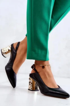 New Skórzane Czółenka Na Słupku 05427-01 Czarne Damskie Czółenka Na Słupku|Czółenka Klasyczne