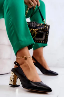 New Skórzane Czółenka Na Słupku 05427-01 Czarne Damskie Czółenka Na Słupku|Czółenka Klasyczne