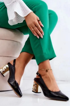 New Skórzane Czółenka Na Słupku 05427-01 Czarne Damskie Czółenka Na Słupku|Czółenka Klasyczne