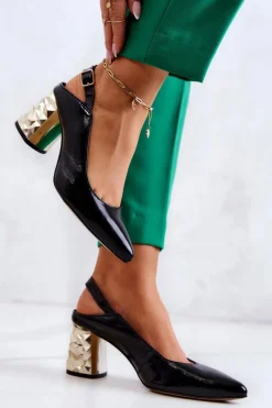 New Skórzane Czółenka Na Słupku 05427-01 Czarne Damskie Czółenka Na Słupku|Czółenka Klasyczne