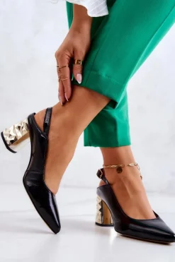 New Skórzane Czółenka Na Słupku 05427-01 Czarne Damskie Czółenka Na Słupku|Czółenka Klasyczne